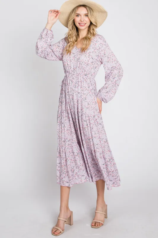 Lavender Floral Side Tie Midi Dress sold by Pinkblush