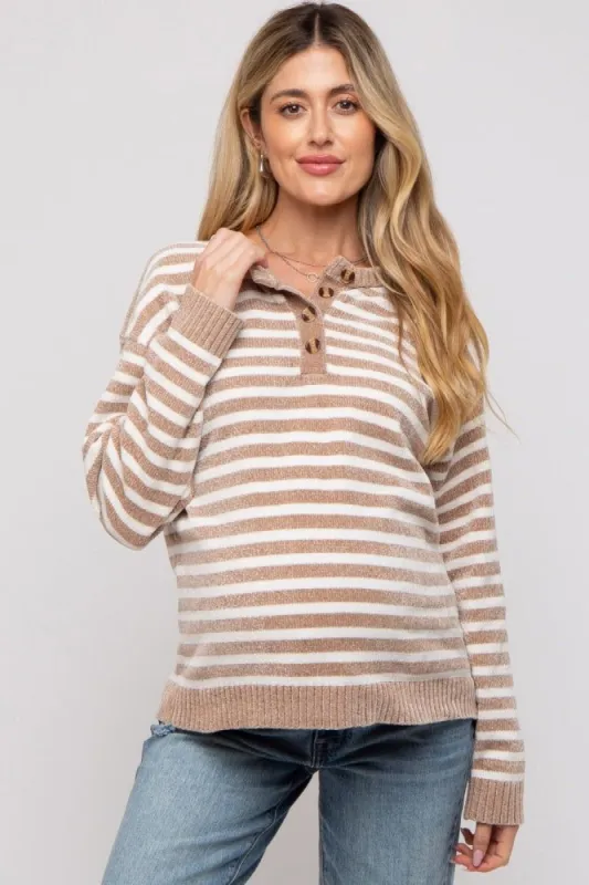 Mocha Striped Chenille Henley Maternity Sweater sold by Pinkblush