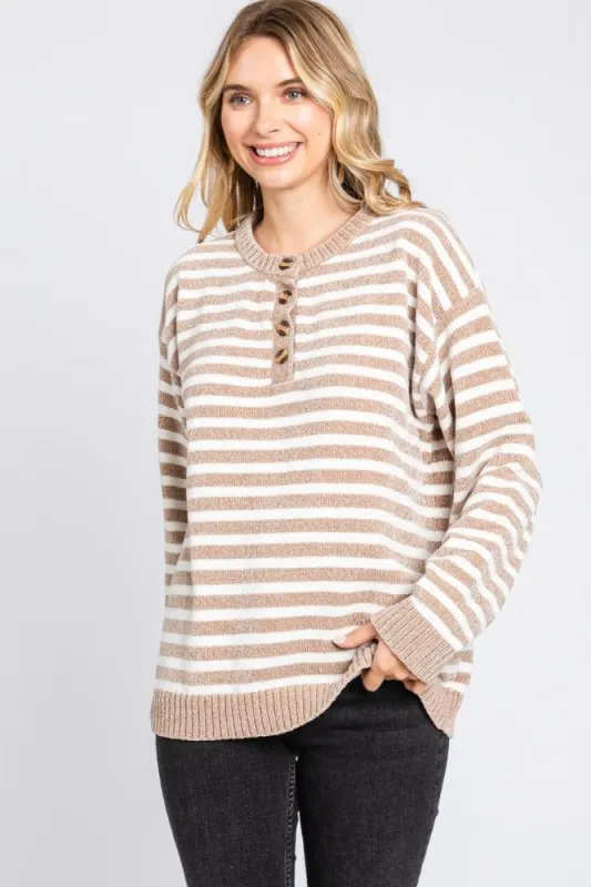 Mocha Striped Chenille Henley Sweater sold by Pinkblush