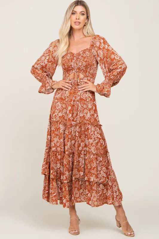 Rust Floral Cutout Smocked Tiered Maxi Dress sold by Pinkblush