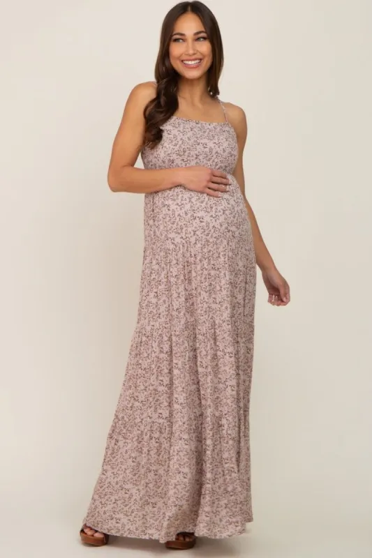 Taupe Floral Tiered Maternity Maxi Dress sold by Pinkblush