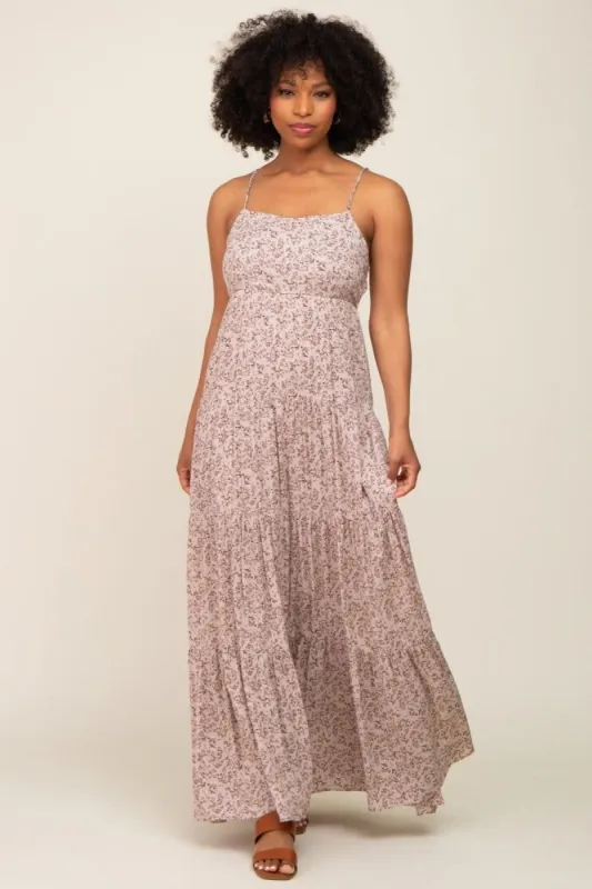 Taupe Floral Tiered Maxi Dress sold by Pinkblush