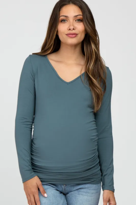 Dark Teal Long Sleeve Fitted Ruched Maternity Top sold by Pinkblush