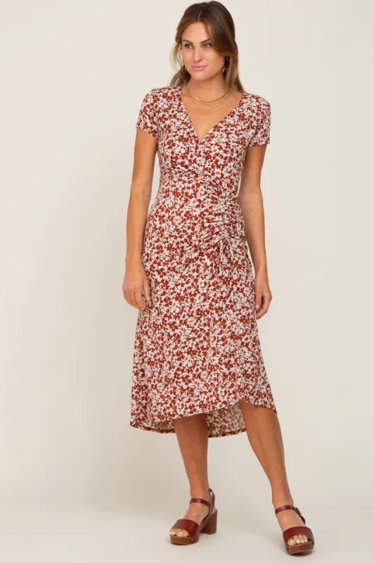 Rust Floral Wrap Front Ruched Hi-Low Midi Dress sold by Pinkblush