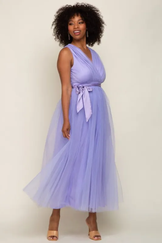 Lavender Wrap V-Neck Waist Tie Tulle Midi Dress sold by Pinkblush