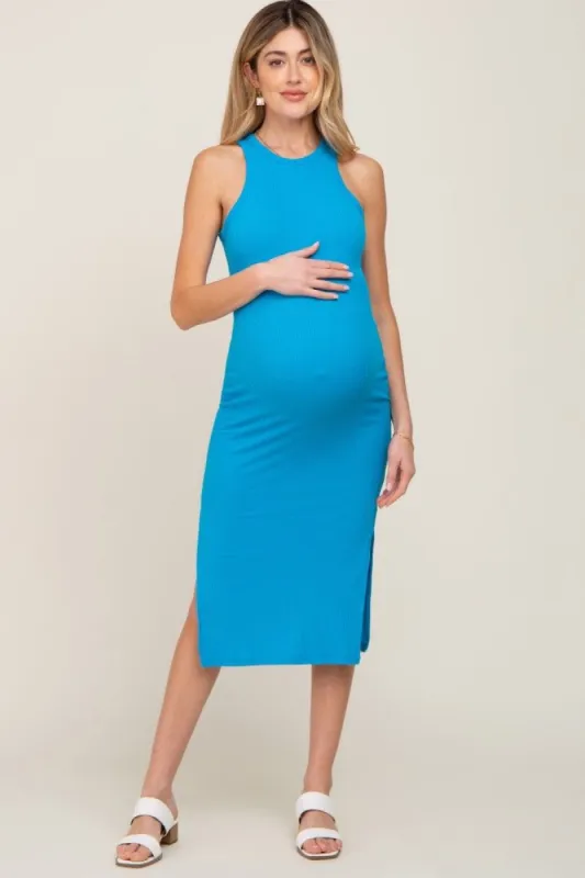 Blue Ribbed Sleeveless Side Slit Maternity Midi Dress sold by Pinkblush