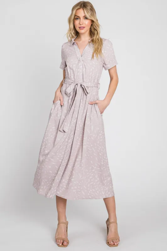 Mauve Printed V-Neck Collared Midi Dress sold by Pinkblush