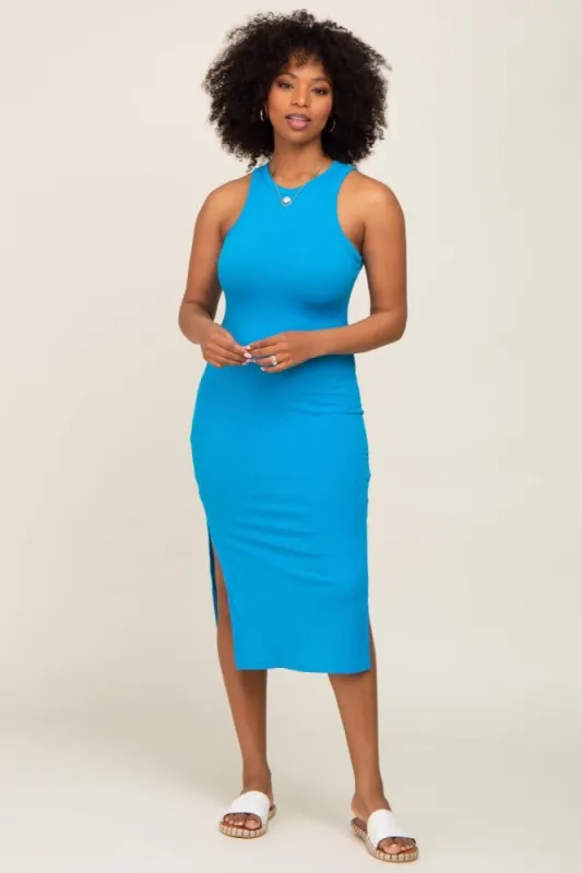 Blue Ribbed Sleeveless Side Slit Midi Dress sold by Pinkblush