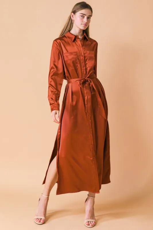 Rust Silky Collared Dress sold by Pinkblush