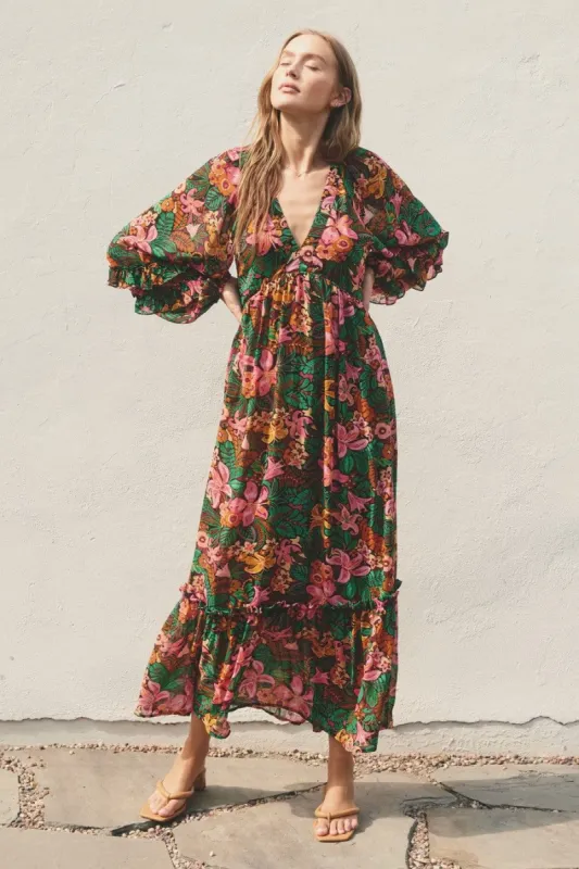 Camel Floral Ruffle Accent Deep V-Neck Maxi Dress sold by Pinkblush