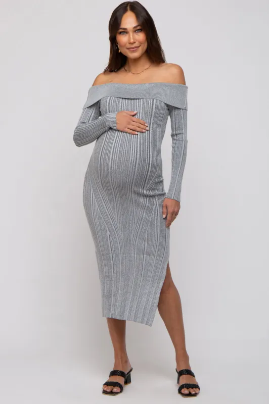 Grey Metallic Ribbed Side Slit Off Shoulder Maternity Midi Dress sold by Pinkblush