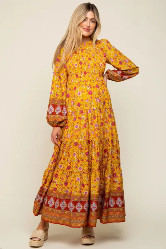 Gold Floral Smocked Tiered Maternity Maxi Dress sold by Pinkblush