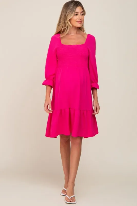 Fuchsia Smocked Ruffle Maternity Dress sold by Pinkblush