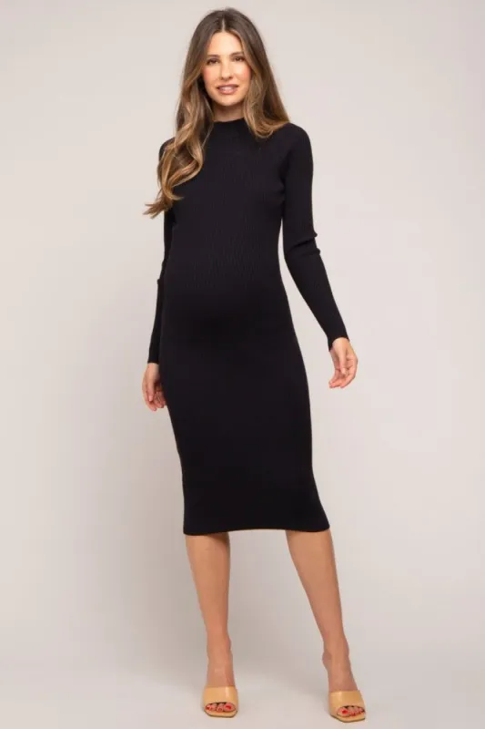 Black Ribbed Fitted Mock Neck Long Sleeve Maternity Dress sold by Pinkblush