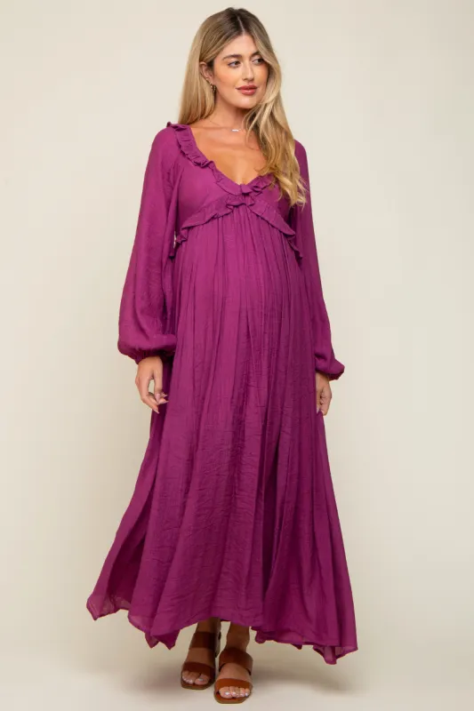 Plum Long Sleeve Ruffle Accent Maternity Maxi Dress sold by Pinkblush