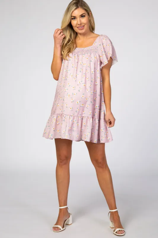 Pink Floral Print Smocked Square Neck Ruffle Trim Maternity Dress sold by Pinkblush