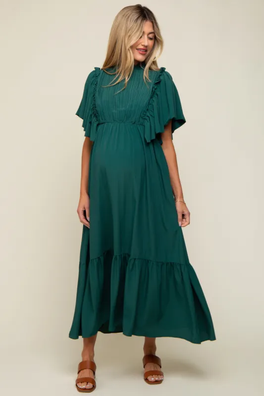 Forest Green Ruffle Pleated Maternity Maxi Dress sold by Pinkblush