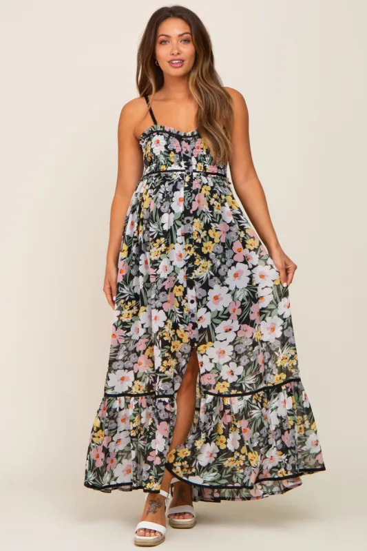 Black Floral Sleeveless Button Down Maternity Maxi Dress sold by Pinkblush