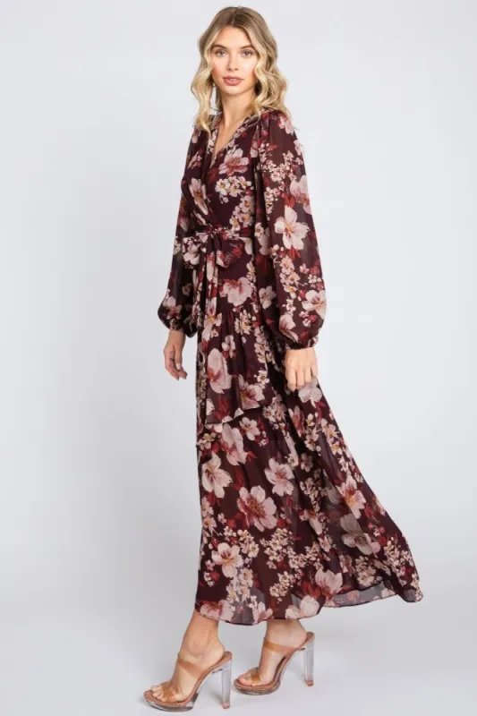 Burgundy Floral Chiffon Wrap Front Ruffle Midi Dress sold by Pinkblush