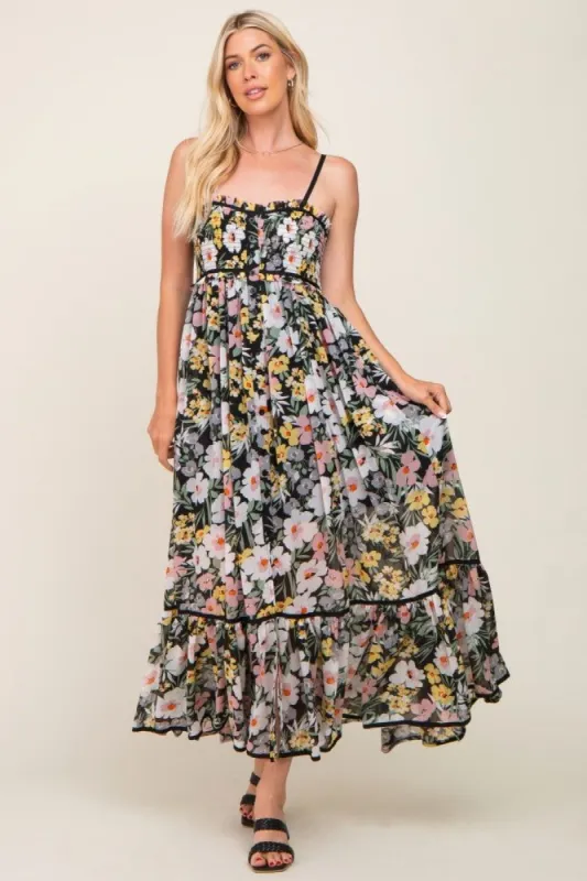 Black Floral Sleeveless Button Down Maxi Dress sold by Pinkblush