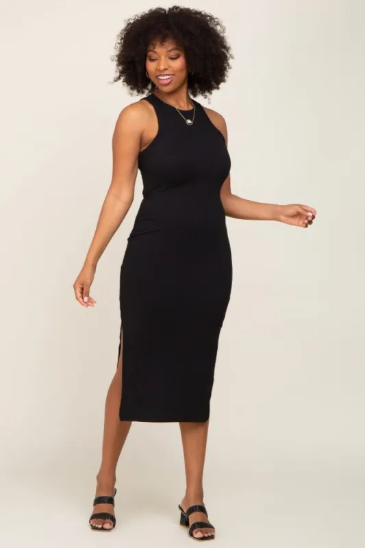 Black Ribbed Sleeveless Side Slit Midi Dress sold by Pinkblush