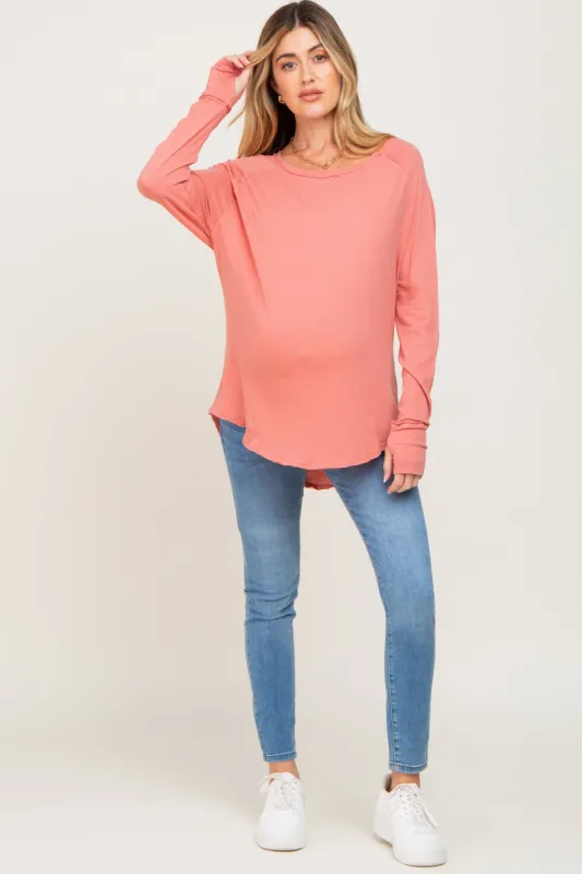 Salmon Distressed Seam Maternity Long Sleeve Top sold by Pinkblush
