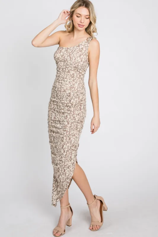 Mocha One Shoulder Printed Ruched Dress sold by Pinkblush