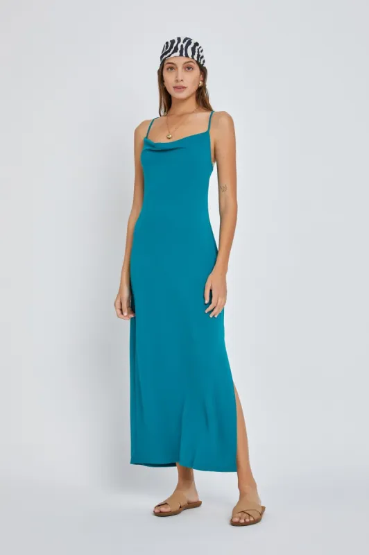 Teal Draped Neck Side Slit Maxi Dress sold by Pinkblush