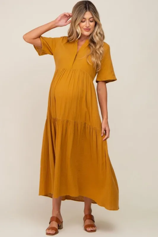 Gold Gauze Split V-Neck Tiered Maternity Maxi Dress made by Pinkblush