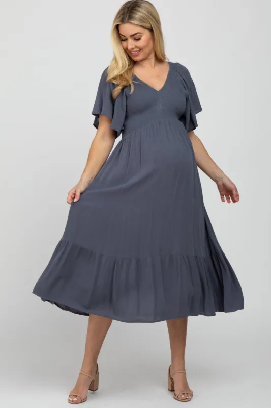 Charcoal Smocked Ruffle Maternity Dress sold by Pinkblush