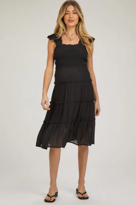 Black Sleeveless Smocked Tiered Maternity Midi Dress sold by Pinkblush