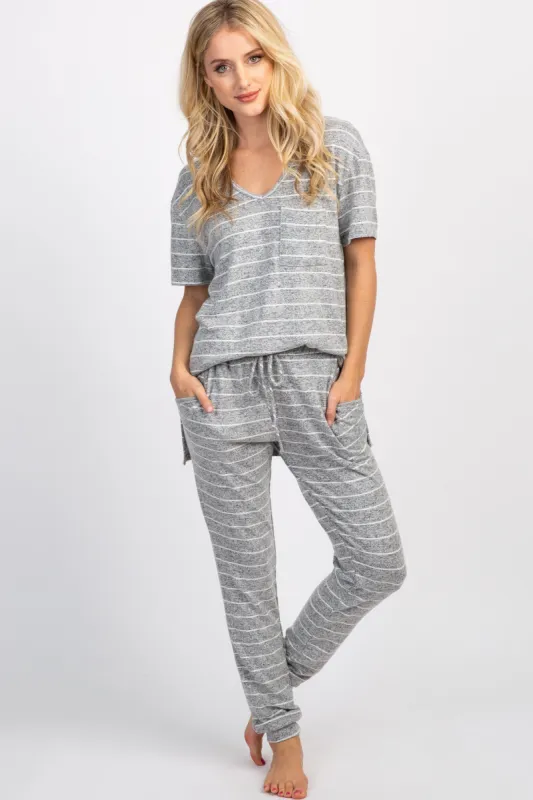 PinkBlush Heather Grey Striped Pocket Front Pajama Set sold by Pinkblush