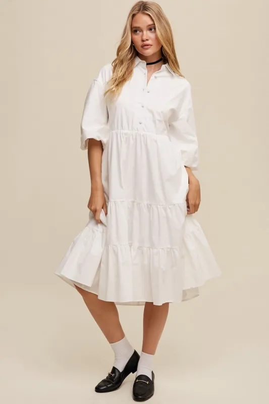 White Button Front Tiered Babydoll Poplin Midi Dress sold by Pinkblush