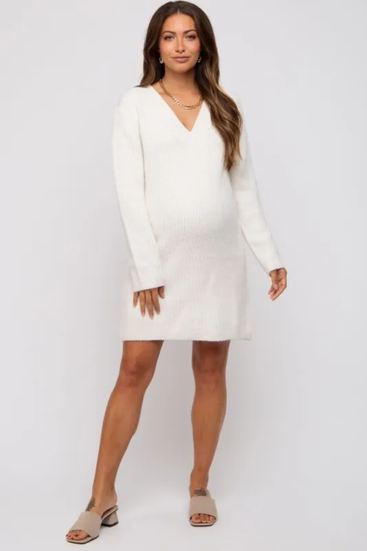 Ivory V-Neck Oversized Maternity Sweater Dress sold by Pinkblush