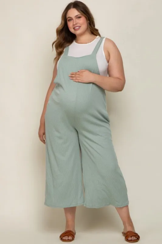 Mint Green Ribbed Maternity Plus Wide Leg Jumpsuit sold by Pinkblush
