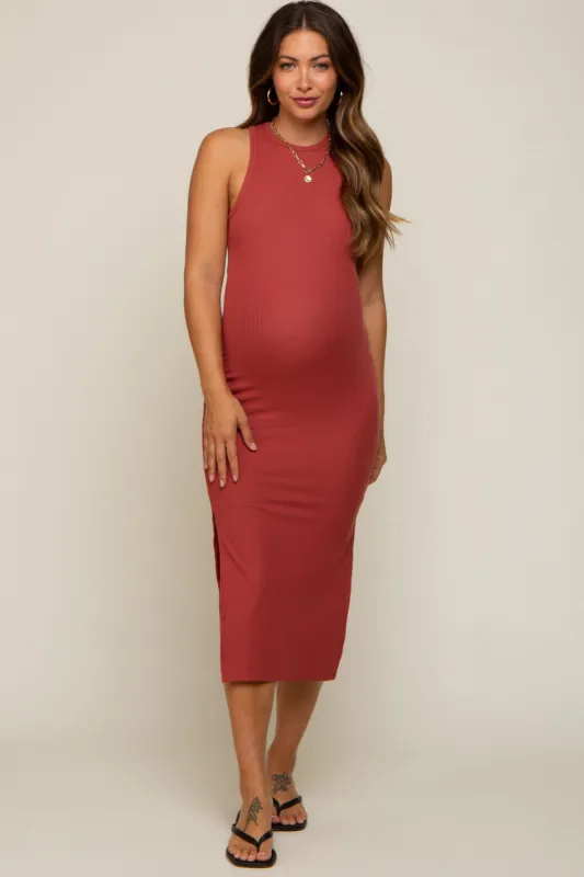 Rust Ribbed Sleeveless Side Slit Maternity Midi Dress sold by Pinkblush