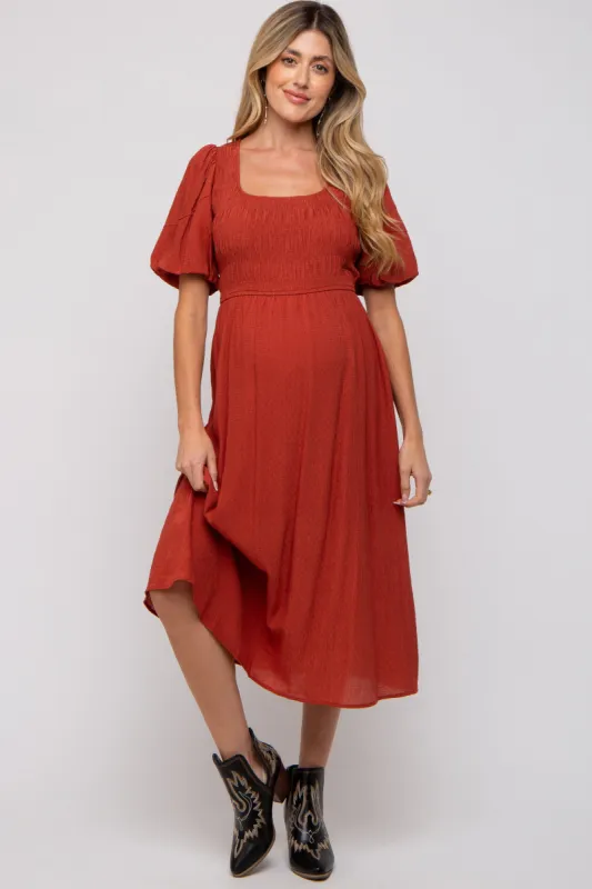 Rust Square Neck Maternity Midi Dress sold by Pinkblush