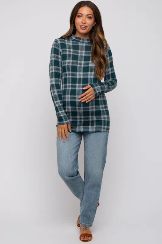 Green Plaid Mock Neck Brushed Long Sleeve Maternity Top sold by Pinkblush