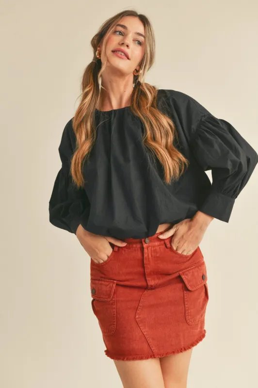 Black Balloon Sleeve Cropped Bubble Hem Top sold by Pinkblush