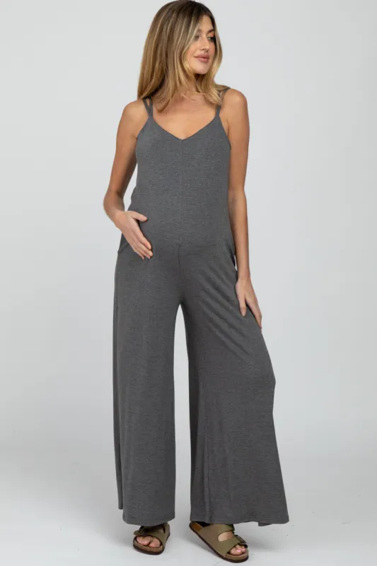 Charcoal Cross Back Wide Leg Maternity Jumpsuit sold by Pinkblush