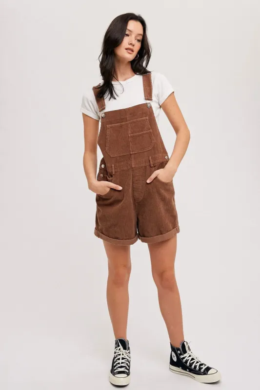 Mocha Corduroy Short Overalls sold by Pinkblush