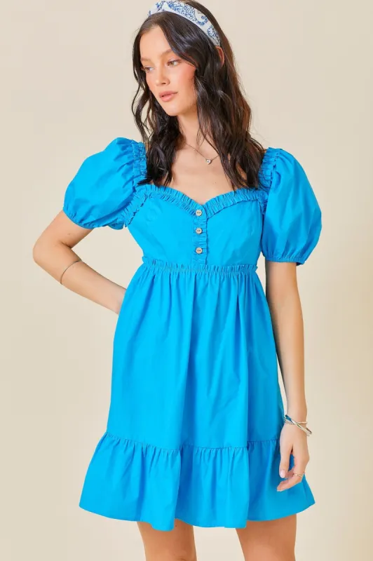 Aqua Puff Sleeve Ruffle Accent Mini Dress sold by Pinkblush