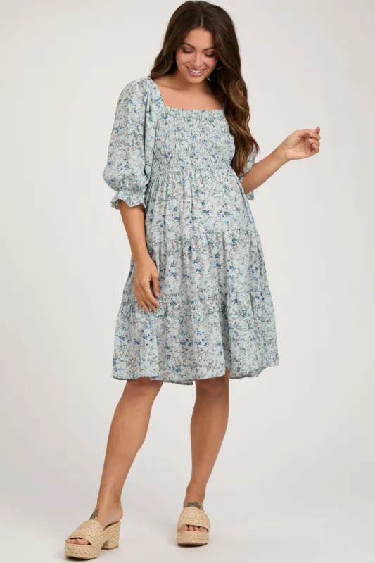 Light Blue Floral Smocked Maternity Knee Length Dress sold by Pinkblush