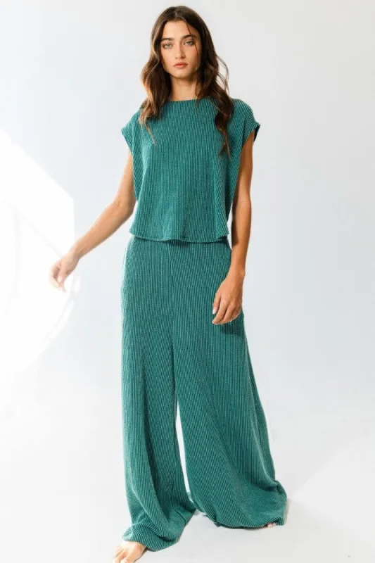 Hunter Green Open Front Wide Leg Textured Jumpsuit sold by Pinkblush