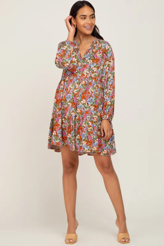 Rust Floral Tiered Maternity Dress sold by Pinkblush