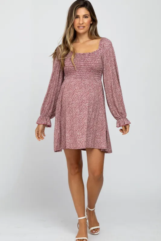 Plum Floral Smocked Peasant Sleeve Maternity Dress sold by Pinkblush