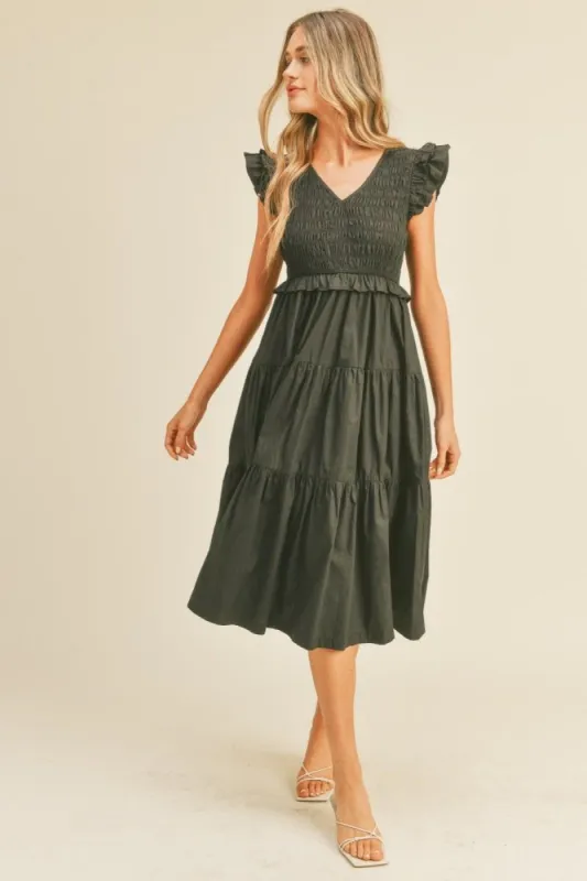 Black Smocked Flutter Sleeve Tiered Midi Dress sold by Pinkblush