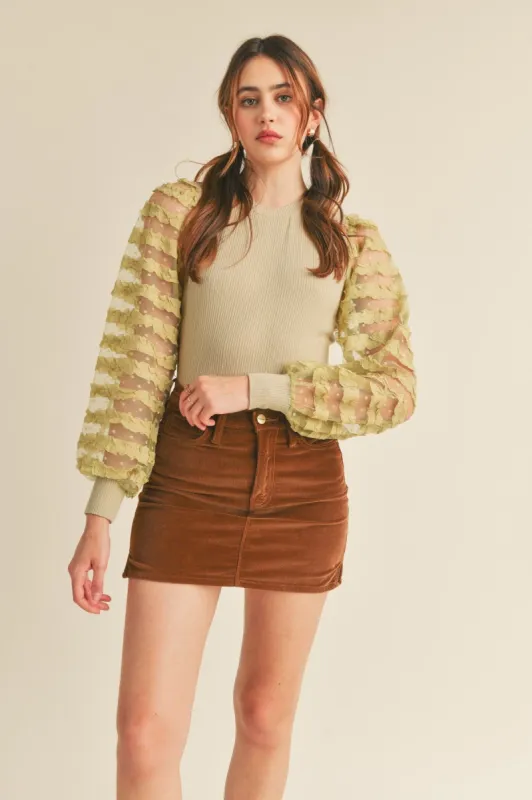 Avocado Cream Ribbed Top With Contrast Sheer Sleeves sold by Pinkblush