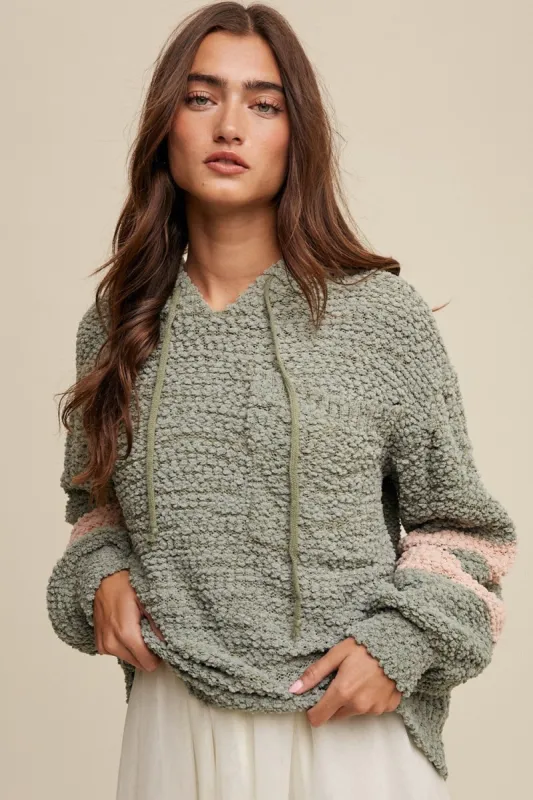 Sage Popcorn Hoodie Stripe Sweater sold by Pinkblush
