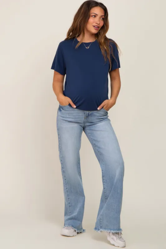 Light Blue Fringe Hem Maternity Wide Leg Jeans sold by Pinkblush